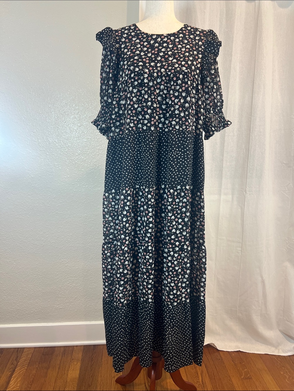 Free the Roses Black Floral & Polka Dot Tiered Maxi Dress. Size S. NWOT